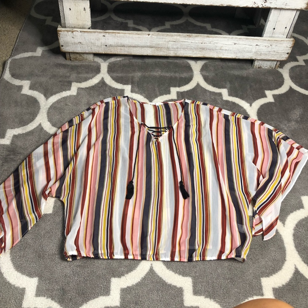 Maurices Blouse Womens XL White Red Boho Sheer Tassle Striped Flowy Top
